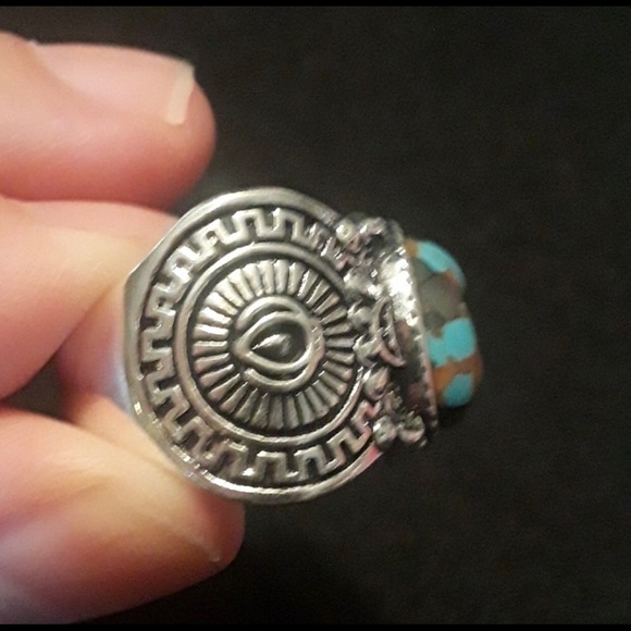Mojave Turquoise Arizona Copper Purple Marbled Carved Embellished Mayan Ring 9 - Picture 5 of 7
